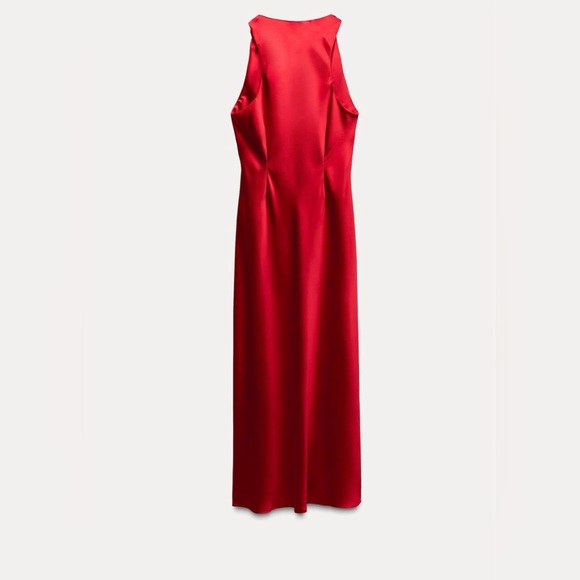 Zara red satin effect round kneck, midi dress, ruching at waist. - Picture 3 of 4